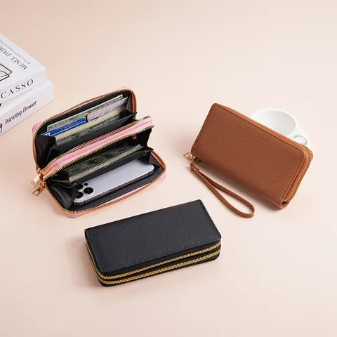 Portafoglio Lungo in Pelle PU da Donna Doppia Cerniera Grande Capacità Porta Carte Portamonete Tinta Unita Borsa Casual con Polsino