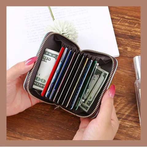 Portacarte a Fisarmonica in Pelle PU a Quadri Vintage Mini Portafoglio con Chiusura Lampo Portamonete Custodia per Donne Unisex