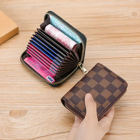 Portacarte a Fisarmonica in Pelle PU a Quadri Vintage Mini Portafoglio con Chiusura Lampo Portamonete Custodia per Donne Unisex