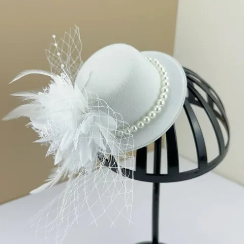 Vintage French Mesh Fascinator Mini Hat Hair Clip For Women Wedding Bridal Veil With Artificial Pearl Feather Elegant Party Headpiece
