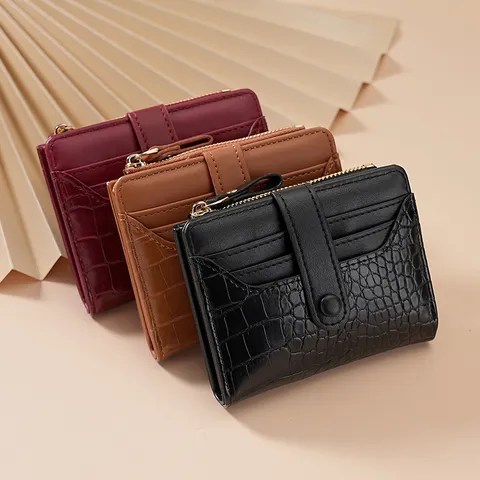 Portafoglio Corto da Donna Motivo Coccodrillo Pelle PU Bifold Porta Carte Portamonete Portafoglio Compatto con Zip