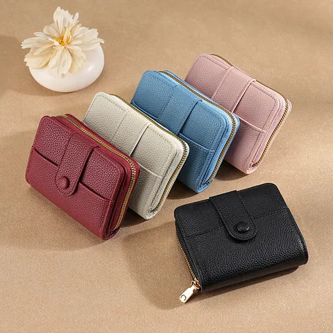 Portafoglio Corto da Donna in Pelle PU con Motivo Litchi Pieghevole Portacarte Compatto Portamonete Casual Quotidiano Minimalista