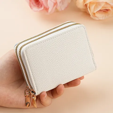 Portafoglio Corto in Pelle PU con Motivo Litchi Classico Doppia Cerniera Portamonete Porta Carte a Fisarmonica Multicarta Per Unisex