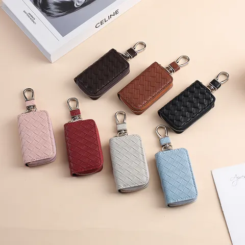 Portachiavi per Auto in Pelle PU con Motivo Intrecciato Unisex Portachiavi con Cerniera e Gancio Metallico
