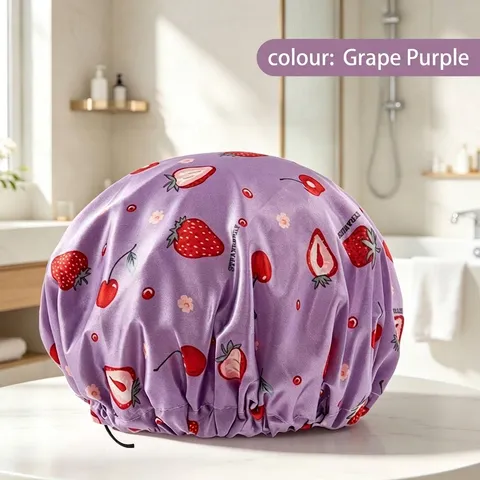 Women Adjustable Waterproof Shower Cap Double Layer Thickened Bathing Hair Mask Head Cover Fruit Strawberry Print Household Bathroom Accessorries