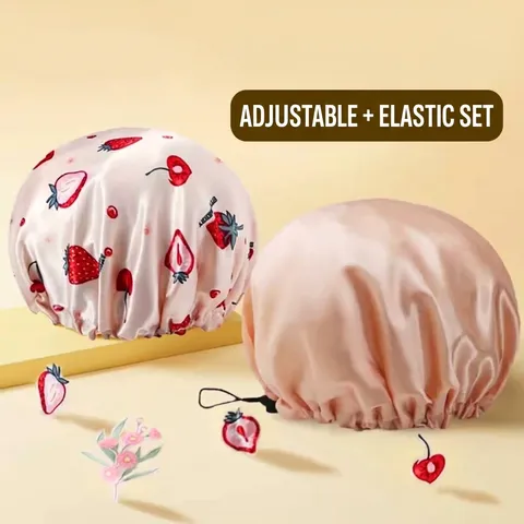 Women Adjustable Waterproof Shower Cap Double Layer Thickened Bathing Hair Mask Head Cover Fruit Strawberry Print Household Bathroom Accessorries
