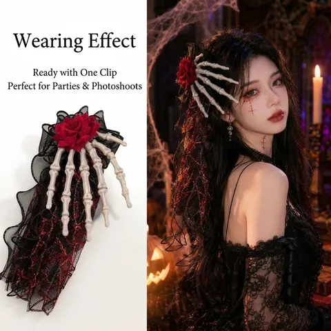 Pinza para el Cabello de Halloween Mano de Esqueleto Rosa Gótico Estilo Oscuro Velo de Encaje Tocado Garra de Fantasma Accesorios para el Cabello COS Fiesta