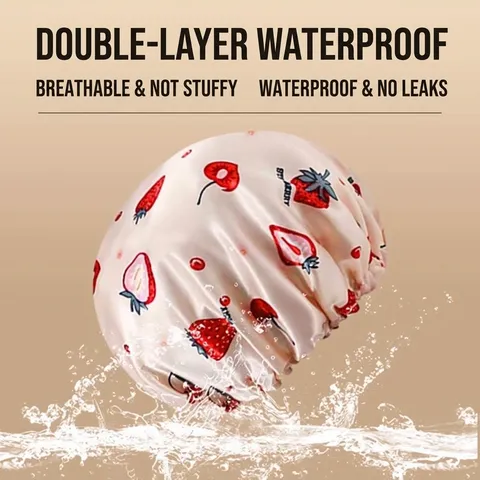 Adjustable Double Layer Waterproof PEVA Shower Cap Printed Strawberry Bathing Hat For Women Hair Care Bath Hat