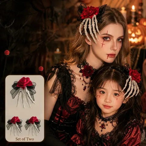 Pinza para el Cabello de Halloween Mano de Esqueleto Rosa Gótico Estilo Oscuro Velo de Encaje Tocado Garra de Fantasma Accesorios para el Cabello COS Fiesta