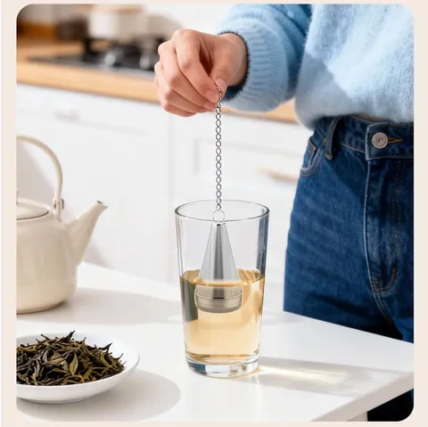 Filtre Infuseur à Thé en Acier Inoxydable 304 Conique avec Chaîne et Plateau Égouttoir pour Théières Tasses