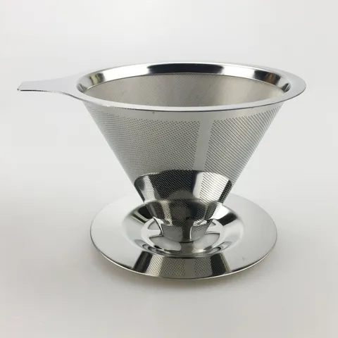 Stainless Steel Coffee Filter Double Layer Cone Pour Over Coffee Dripper With Stand And Handle Reusable Coffee Maker