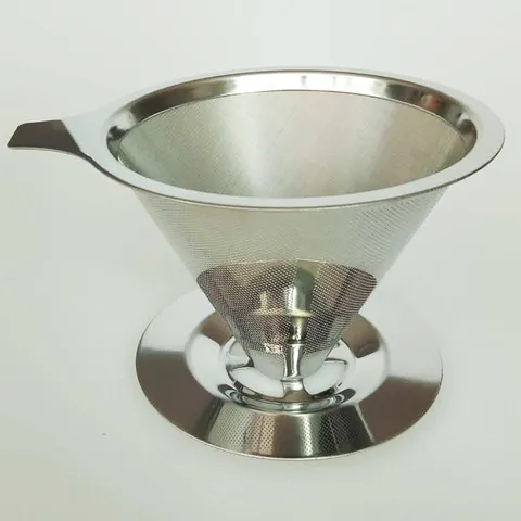 Stainless Steel Coffee Filter Double Layer Cone Pour Over Coffee Dripper With Stand And Handle Reusable Coffee Maker