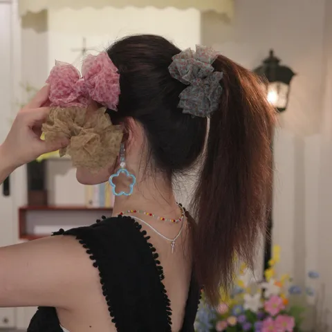 Mesh Gingham Leopard Floral Bow Banana Clip Hair Claw Puffy Ponytail Vertical Clip Sweet Hair Accessories For Women