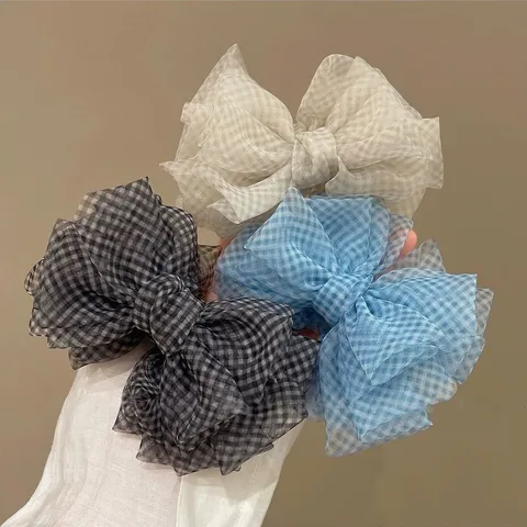 Gingham Mesh Gauze Bow Banana Clip For Women Niche Sweet Elegant High End Volumizing Hair Accessory Vertical Ponytail Clip