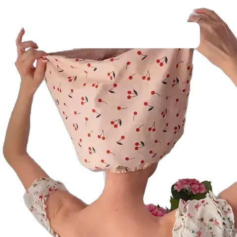 Women Large Capacity Waterproof Shower Cap Polyester PEVA Triple Layer Hair Care Hat Cherry Print Bathroom Accessories