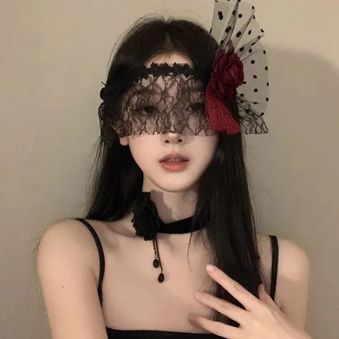 Máscara de Mascarada de Encaje Gótico para Mujer Máscara de Ojos Misteriosa con Rosa Roja y Borla para Cosplay Halloween
