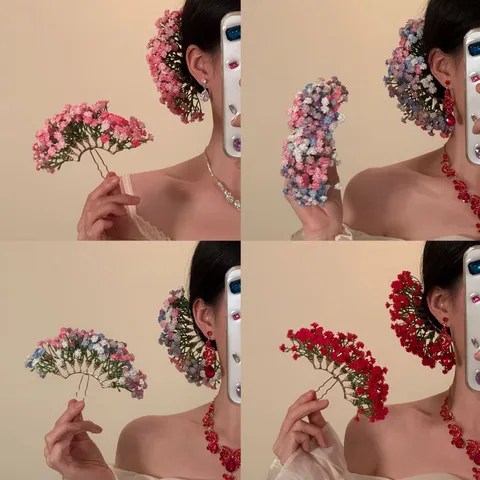 Handmade Alloy Resin Baby's Breath Flower Hairpin Elegant Bridal Wedding Hair Fork Headpiece For Women Party Accessories