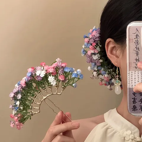 Handmade Alloy Resin Baby's Breath Flower Hairpin Elegant Bridal Wedding Hair Fork Headpiece For Women Party Accessories