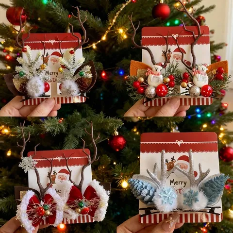 Pinzas para el Pelo de Astas de Reno de Navidad Hechas a Mano Lazo Campana Papá Noel Muñeco de Nieve Accesorios para el Cabello Regalo