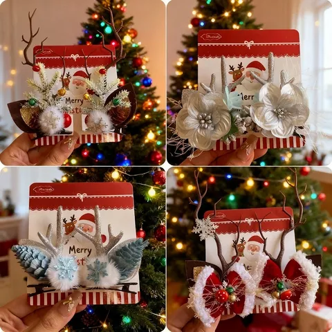 Pinzas para el Pelo de Astas de Reno de Navidad Hechas a Mano Lazo Campana Papá Noel Muñeco de Nieve Accesorios para el Cabello Regalo