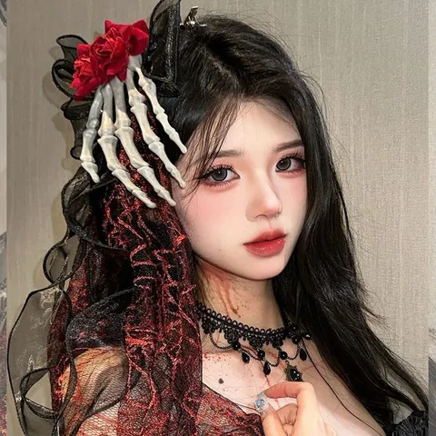 Pinza para el Cabello con Mano de Esqueleto de Halloween Tocado de Encaje de Rosa Gótica Horquilla de Garra de Fantasma para Mujer Accesorios para el Cabello de Fiesta Estilo Oscuro