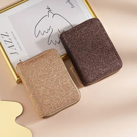 Portafoglio Corto in Pelle PU da Donna Doppia Cerniera Grana Litchi e Glitter Portacarte Borsellino alla Moda