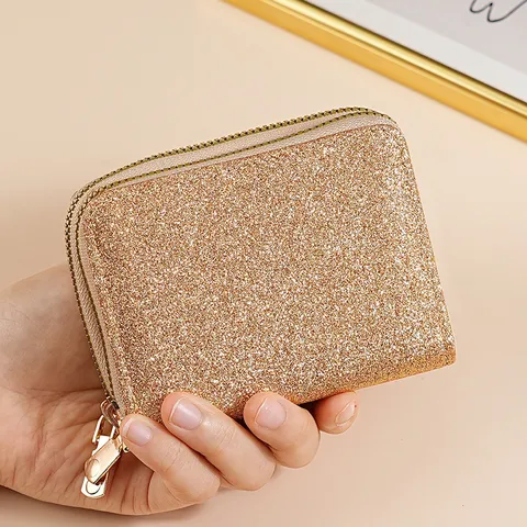 Portafoglio Corto in Pelle PU da Donna Doppia Cerniera Grana Litchi e Glitter Portacarte Borsellino alla Moda