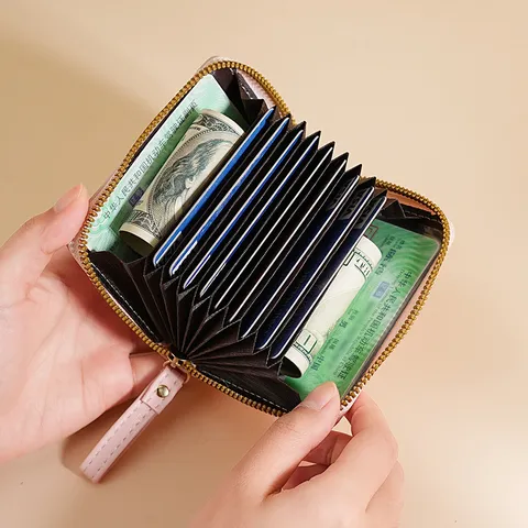Tarjetero Acolchado de Cuero PU para Mujer Monedero Pequeño con Cremallera Funda de Tarjeta de Acordeón Organizador de Tarjetas de Crédito