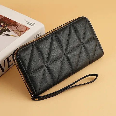 Portafoglio Lungo Trapuntato in Pelle PU da Donna Stile Designer di Lusso Pochette con Chiusura Lampo e Cinturino da Polso Portacarte