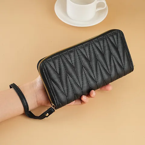 Portafoglio Lungo Trapuntato in Pelle PU da Donna Stile Designer di Lusso Pochette con Chiusura Lampo e Cinturino da Polso Portacarte