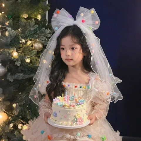 Girls Princess Birthday Veil With Large Mesh Bow And Colorful Pompoms White Hair Clip For Party Performance Hair Accessories