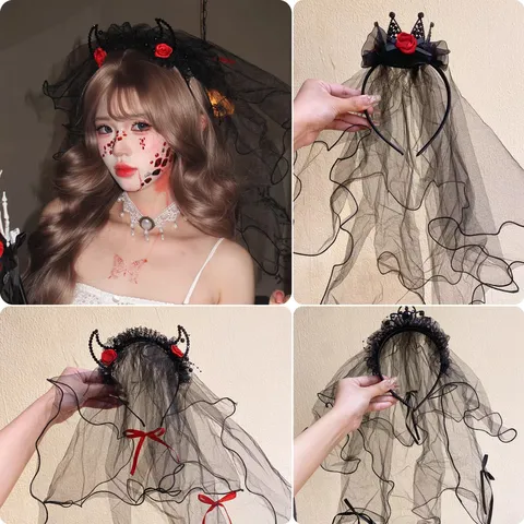 Halloween Bridal Veil Headband With Bow Black Mesh Glow Headband Witch Hair Accessories For Gothic Cosplay Costume Dress Up