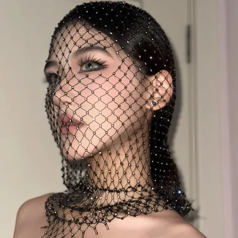 Rhinestone Fishnet Face Mask For Women Gothic Music Festival Halloween Masquerade Mesh Veil Headgear Party Accessory