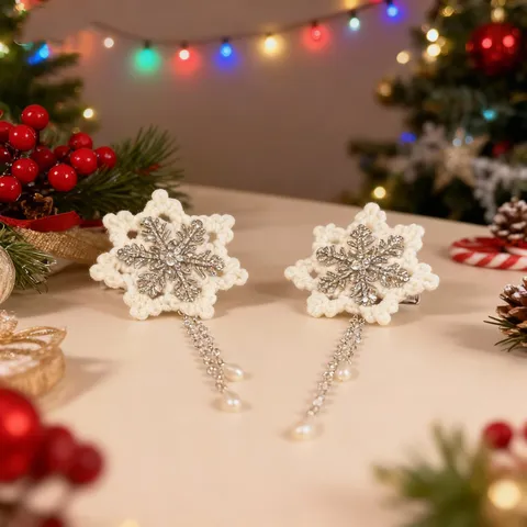 Rhinestone Snowflake Tassel Hair Clip For Women Christmas Artificial Pearl Long Fringe Hairpin Fairy Winter Hair Jewelry
