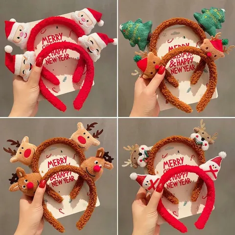 Handmade Plush Christmas Headband Reindeer Antlers Santa Claus Xmas Tree Hairband For Holiday Party Decoration Kids Adults