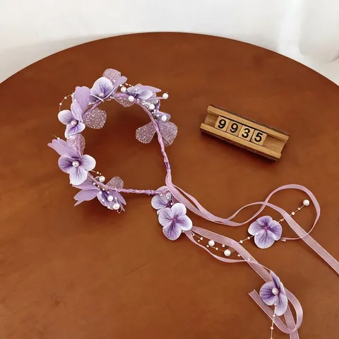 Corona De Flores Hecha A Mano Con Perlas Artificiales Para Niñas Diadema De Guirnalda Con Cinta Y Mariposa Accesorios Para El Cabello Boda Fiesta