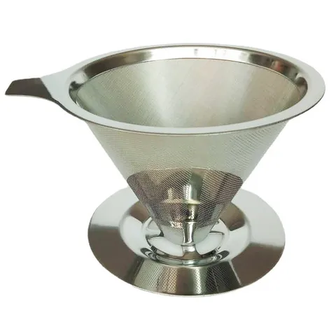Stainless Steel Double Layer Coffee Filter Ultra Fine Hole Drip Cone Pour Over Coffee Dripper with Stand