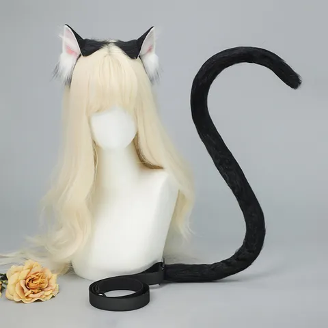Conjunto de Diadema de Orejas de Gato de Peluche Artificial Hecho a Mano y Cola Lindo Disfraz de Orejas de Animal Accesorios para el Cabello de Fiesta de Cosplay