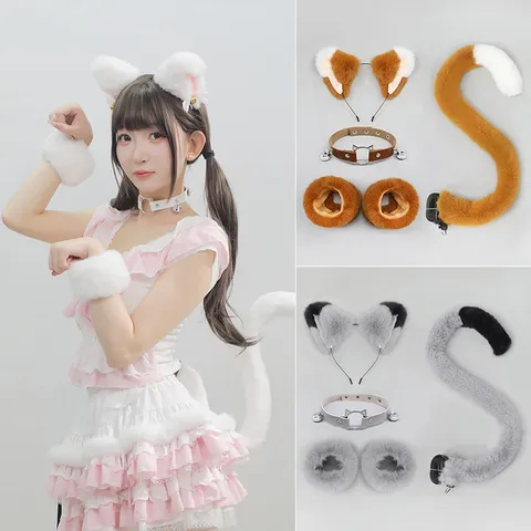 Cute Anime Cosplay Cat Girl Beast Ear Headband Plush Tail Choker Wristbands Animal Costume Party Accessories