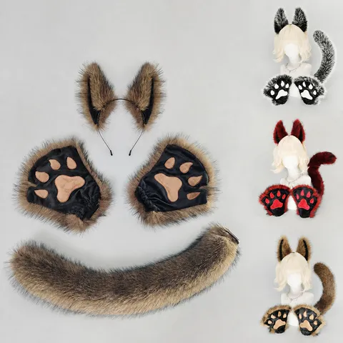 Halloween Hombre Lobo Orejas de Animal Diadema Guantes de Pata y Cola Disfraz Cosplay Accesorios de Fiesta