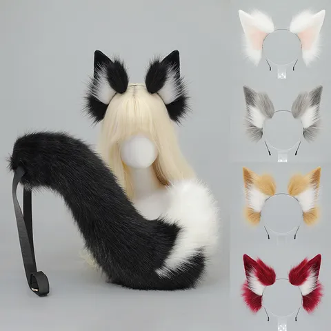 Handmade Plush Fox Ears Headband And Tail Set Anime Cosplay Costume Accessories Halloween Party Fox Ear Tail Props