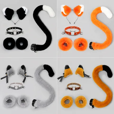 Cute Anime Cosplay Cat Girl Beast Ear Headband Plush Tail Choker Wristbands Animal Costume Party Accessories