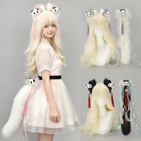 Lolita Diadema de Orejas de Gato Panda Y Cola Peluche Cosplay Accesorios Subcultura Orejas de Animal Aro de Pelo Lazo