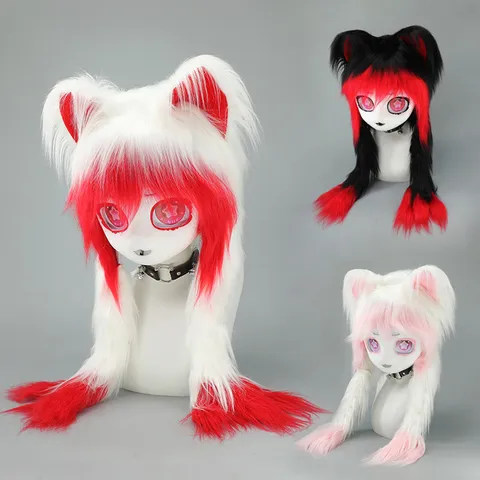 Masque de Tête d'Animal Cosplay Furry Mignon Peluche Oreilles de Chat Longues Tresses Coiffure Anime Comic Con Costume Fête Accessoires