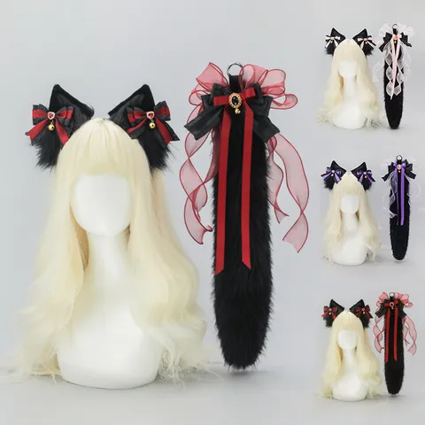Handmade Lolita Cosplay Animal Ears And Tail Set Cute Plush Fox Wolf Ear Headband Bow Bells Party Hair Accessories
