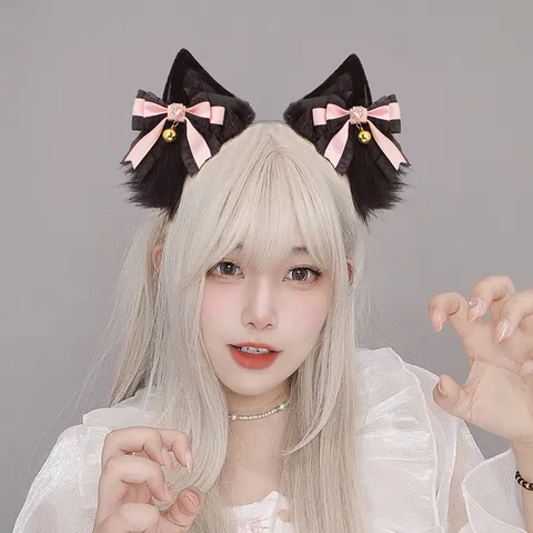 Handmade Lolita Cosplay Animal Ears And Tail Set Cute Plush Fox Wolf Ear Headband Bow Bells Party Hair Accessories