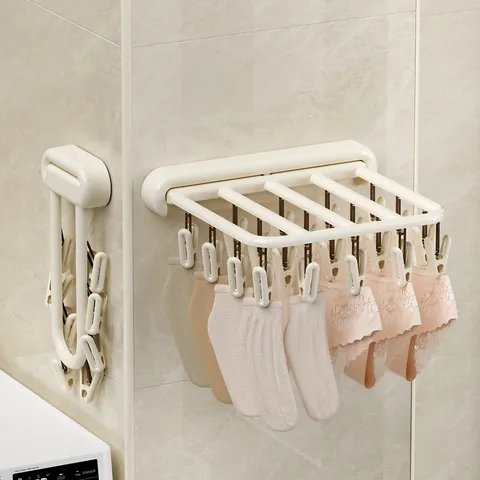 Foldable Wall Mounted Sock Drying Rack Multi-Clip Punch-Free Balcony Laundry Underwear Clothes Hanger PP Plastic Organizer