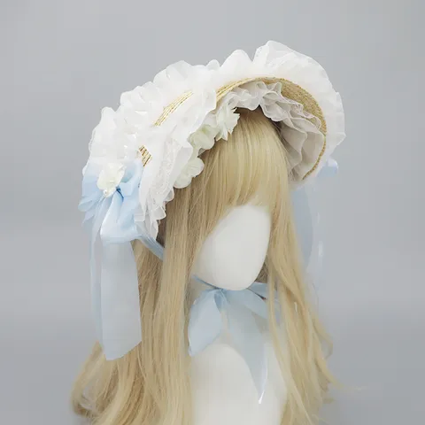 Lolita Straw Hat Bonnet Lace Bow Ribbon Sun Protection Sweet Pastoral Style Women Fashion Headwear Vintage Tea Party Hat