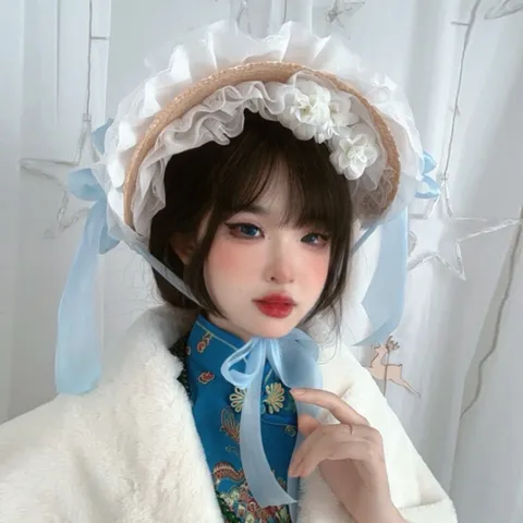Lolita Straw Hat Bonnet Lace Bow Ribbon Sun Protection Sweet Pastoral Style Women Fashion Headwear Vintage Tea Party Hat