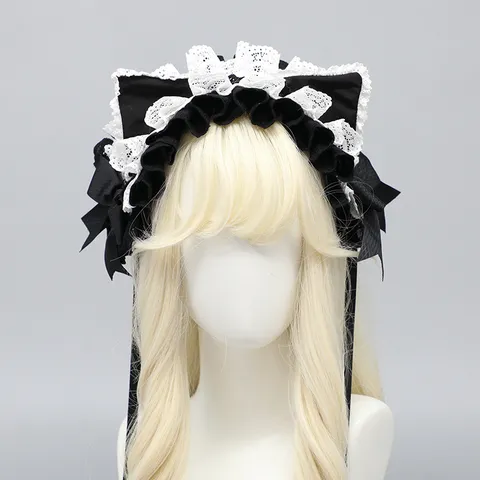 Japanese Lolita Cat Ear Headband Cute Lace Ruffle Bow Hair Hoop Sweet Hair Accessories For Women Cosplay Party